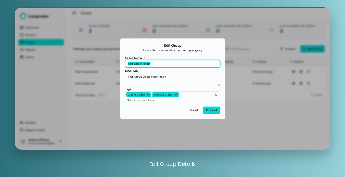 Loopvew Cloud Signage Edit Group Details.